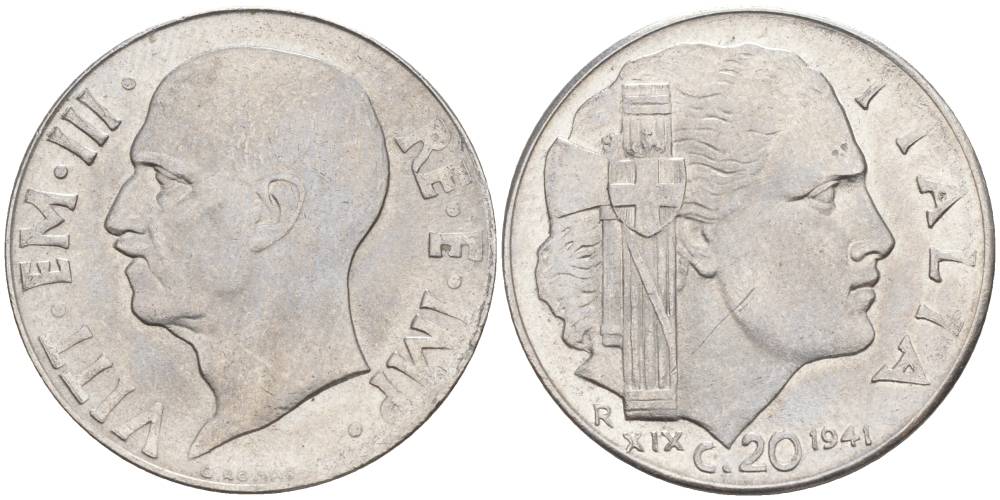 ИТАЛИЯ 20 ЧЕНТЕЗИМО 1941 R, ГОД XIX, ВИКТОР ЭММАНУИЛ III (1900-1946) KM 75b, VEM3. 1028 нержавеющая сталь 3853-931