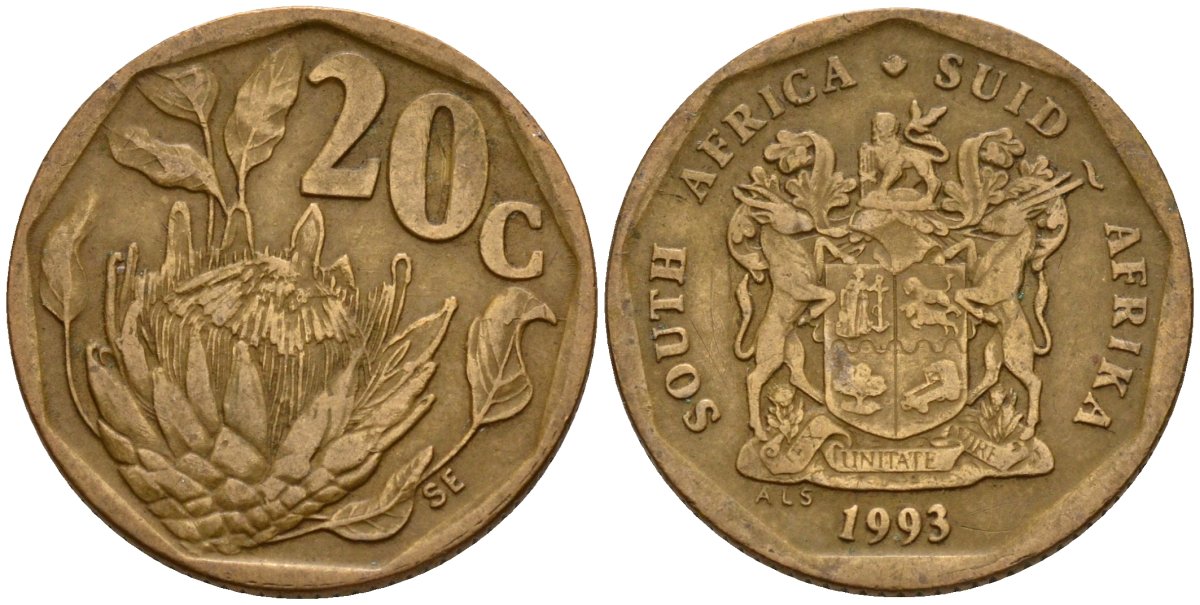 ЮАР 20 центов 1993 герб, цветок протея KM 136 сталь плакированная латунью 4173-729