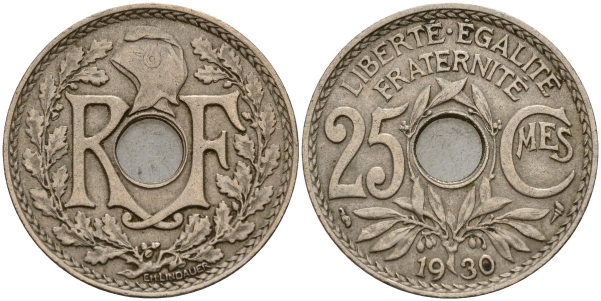 Франция 25 сантимов 1930 KM 867a медно-никель 4187-953