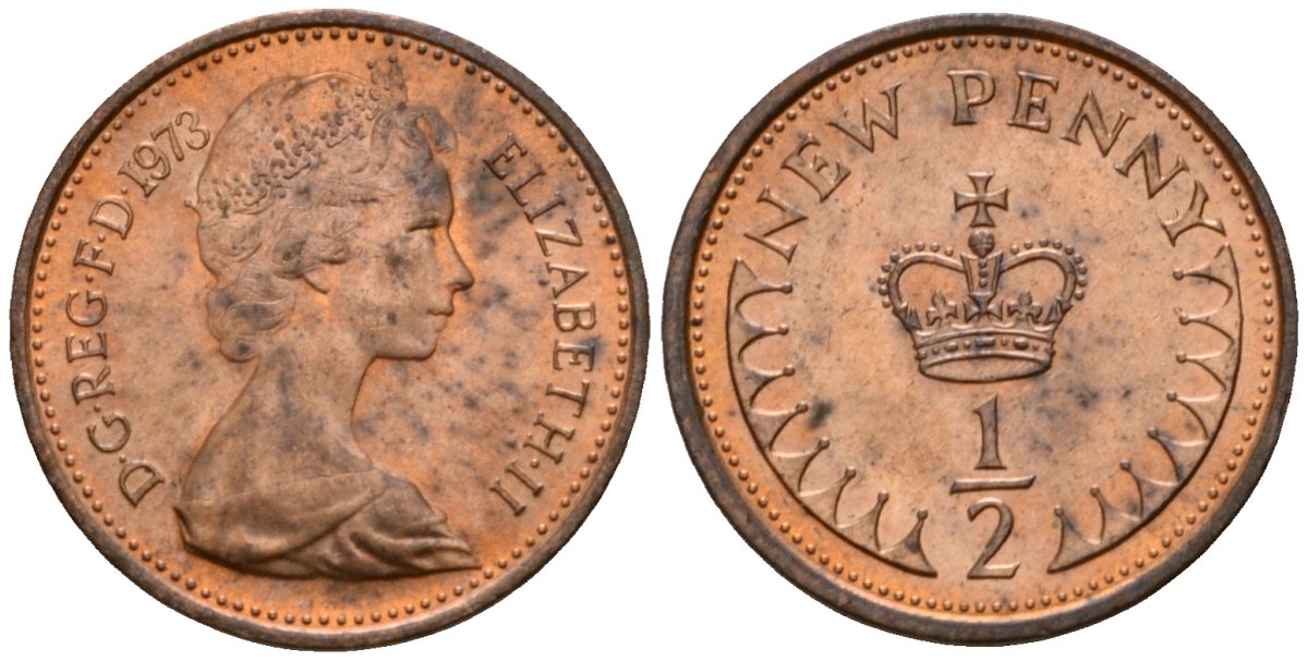 Великобритания 1/2 пенни 1973 Елизавета II (1952-2022) KM 914, Spink 4239 бронза 3955-1157