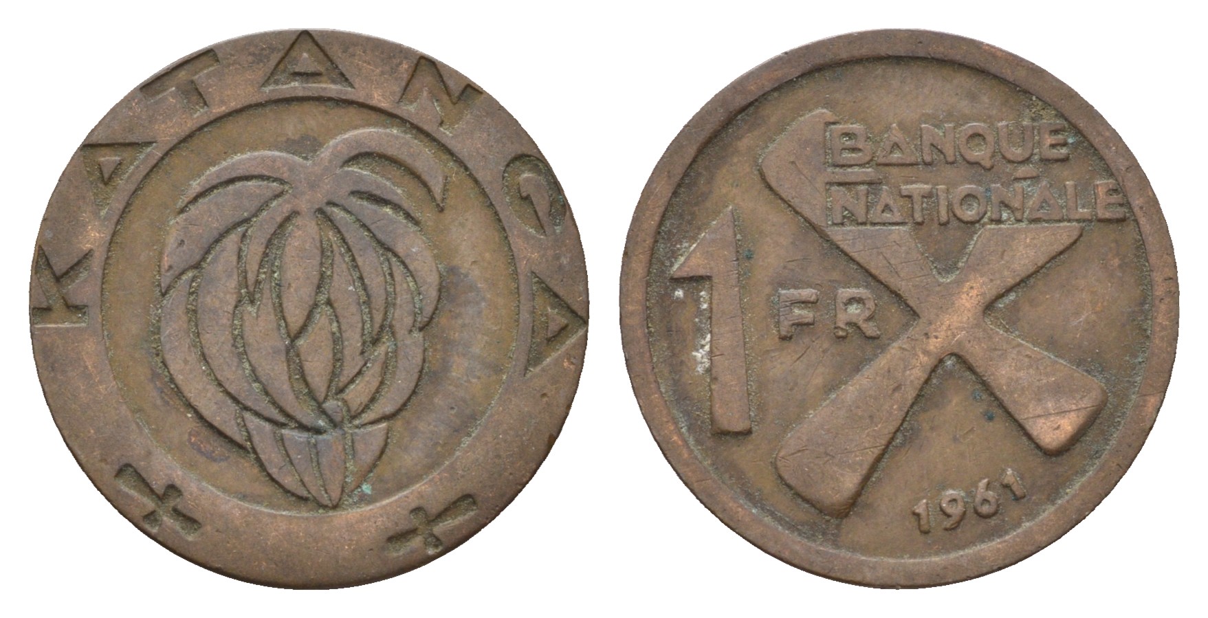 Катанга 1 франк 1961 Заир, балубский крест, связка бананов KM 1 бронза 36-413
