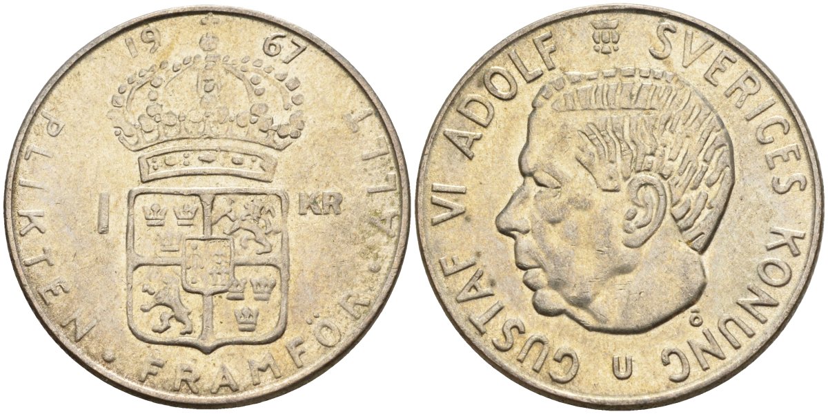 Швеция 1 крона 1967 U, Густав VI Адольф (1950-1973) KM 826 серебро 4150-233