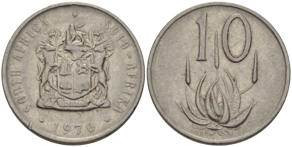ЮАР 10 ЦЕНТОВ 1970 ГЕРБ, ЦВЕТОК АЛОЭ KM 85 никель 67-414