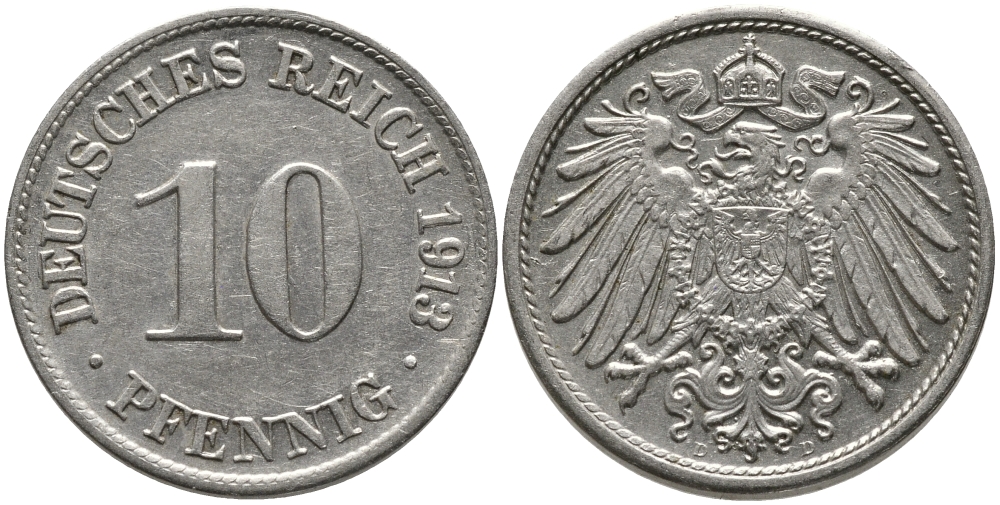 ГЕРМАНИЯ 10 ПФЕННИГОВ 1913 D KM 12, J.13 медно-никель 96-629