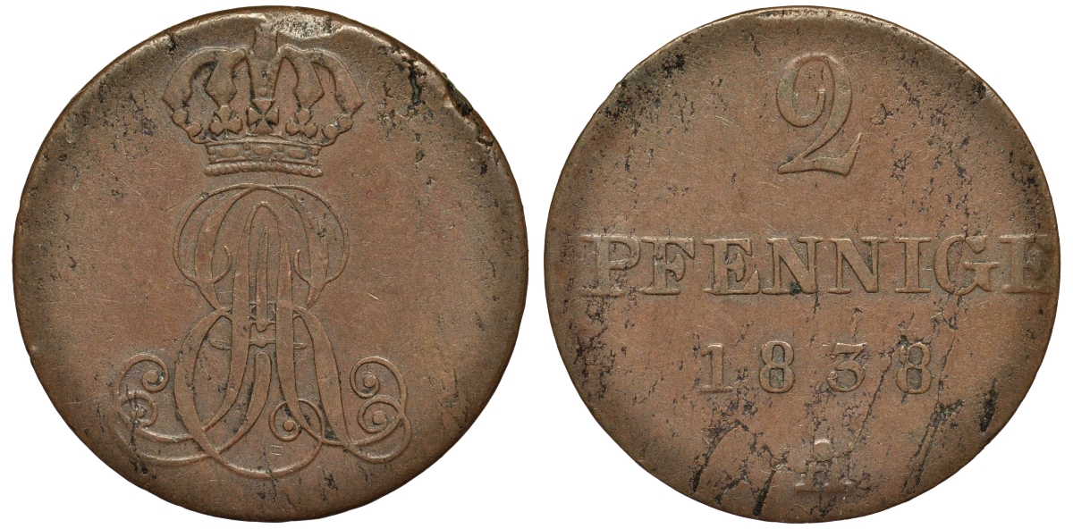 Ганновер 2 пфеннига 1838 A, Эрнст Август (1837-1851) KM 174.1, AKS 122, J. 55 медь 75-635