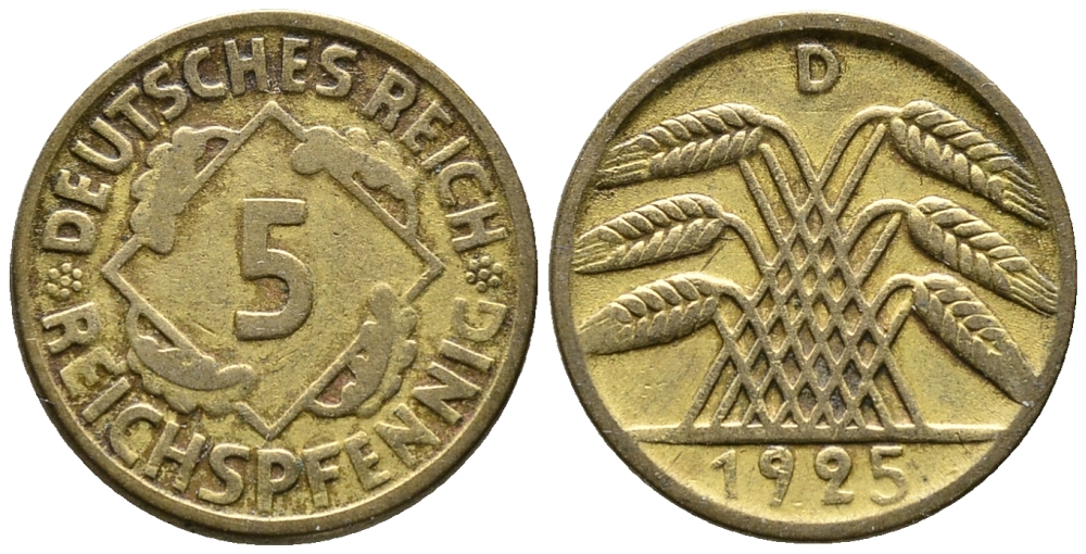 ГЕРМАНИЯ 5 РЕЙХСПФЕННИГОВ 1925 D KM 39, J. 316 алюминиевая бронза 39-546