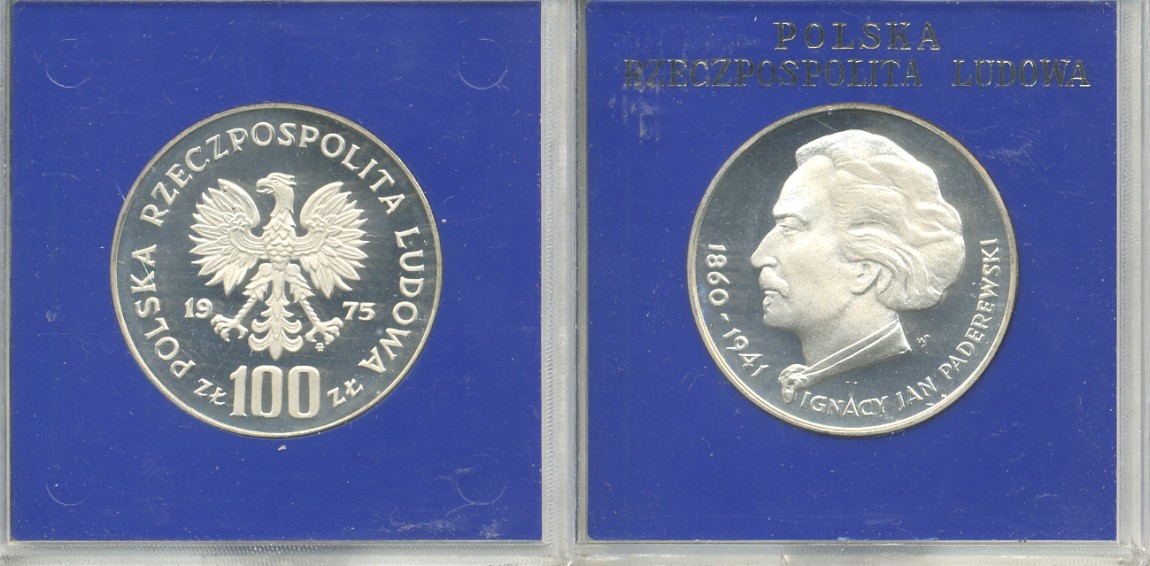 Польша 100 злотых 1975 MW, Игнаций Ян Падеревский (1860-1941), в оригинальной пластиковой упаковке KM 77, Parchimowicz 273 серебро PROOF 5-3-1-26