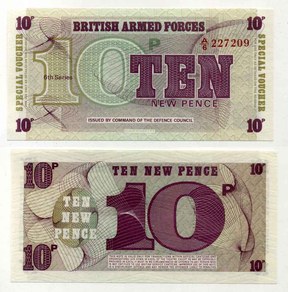 АНГЛИЯ 10 ПЕНСОВ 1972 ДЛЯ ВООРУЖЕННЫХ СИЛ, 6 СЕРИЯ, BRADBURY WILKJSON @ Co Pick М45 бумага UNC (ПРЕСС) 8589-46-4-2