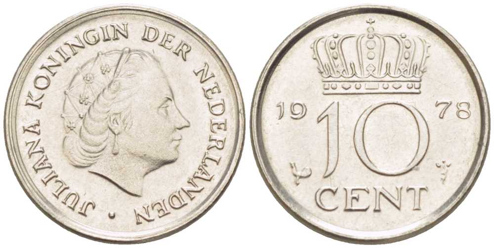 Нидерланды 10 центов 1978 Юлиана (1948-1980) КМ 182 никель 211-1235