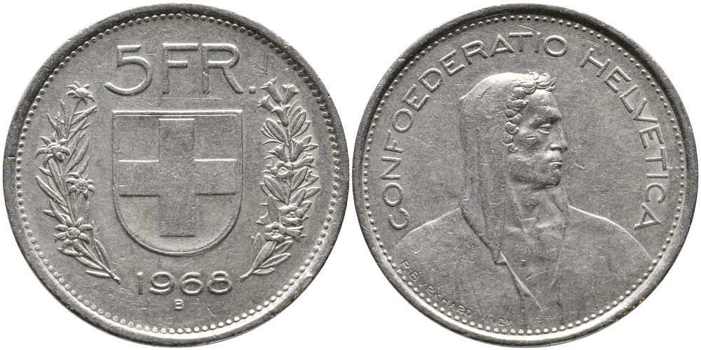 Швейцария 5 франков 1968 В, первый год KM 40а.1 медно-никель 4536-112