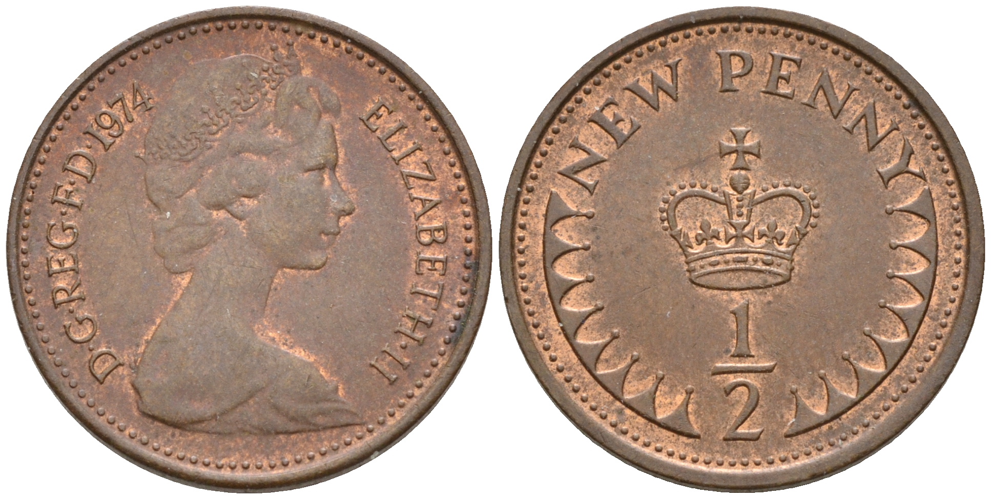 Великобритания 1/2 пенни 1974 Елизавета II (1952-2022) KM 914, Spink 4239 бронза  4602-611