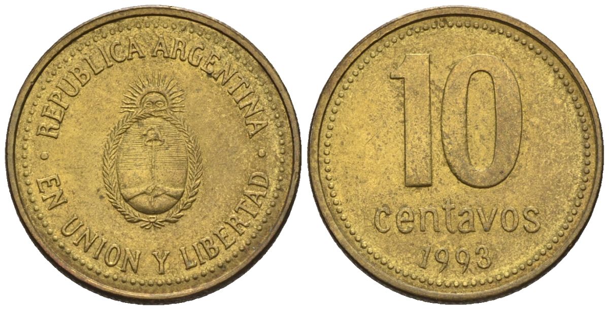 Аргентина 10 сентаво 1993 KM 107, CJ 3, Schon 110 алюминиевая бронза 4609-1251