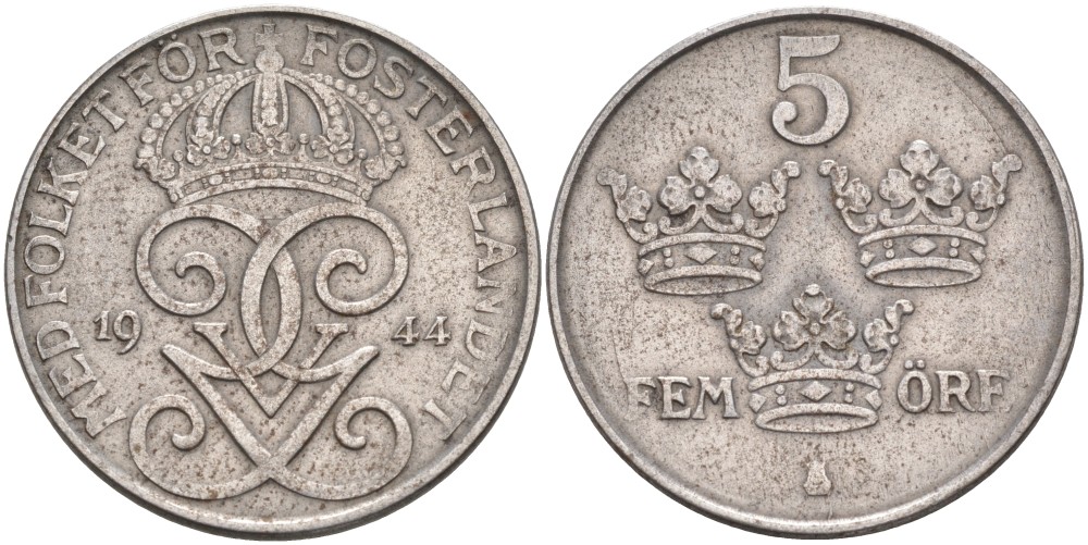Швеция 5 эре 1944 Густав V (1907-1950) KM 812 железо 4557-715