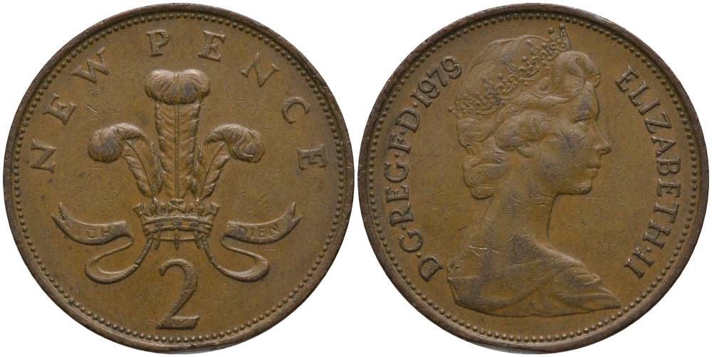 Великобритания 2 пенса 1979 Елизавета II (1952-2022) KM 916, Spink 4235 (C1) бронза 181-624