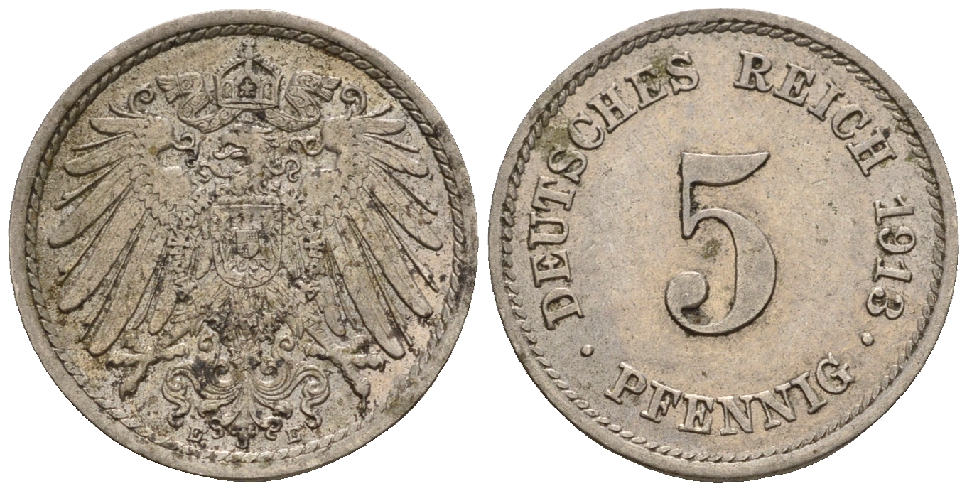 Германия 5 пфеннигов 1913 E, KM 11, J. 12 медно-никель 220-662