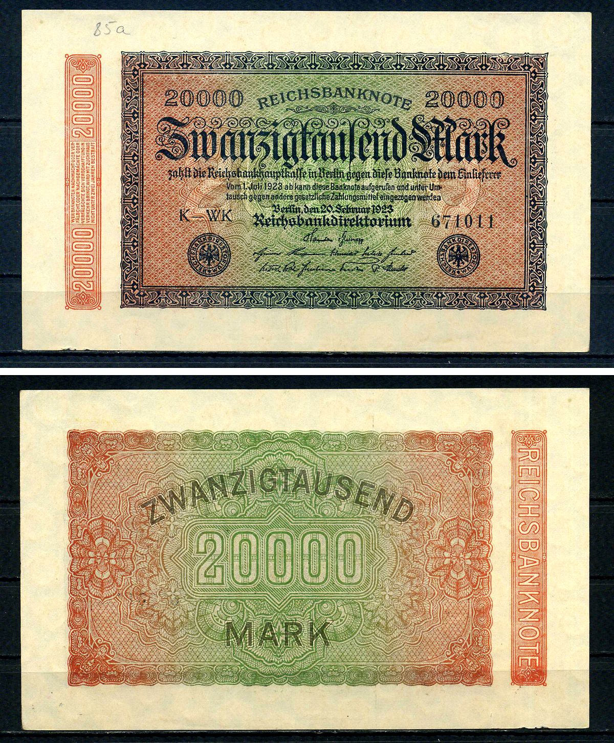 Германия 20000 марок 1923 водяной знак Маленькие круги Pick 85 a бумага 7547-52-3-2