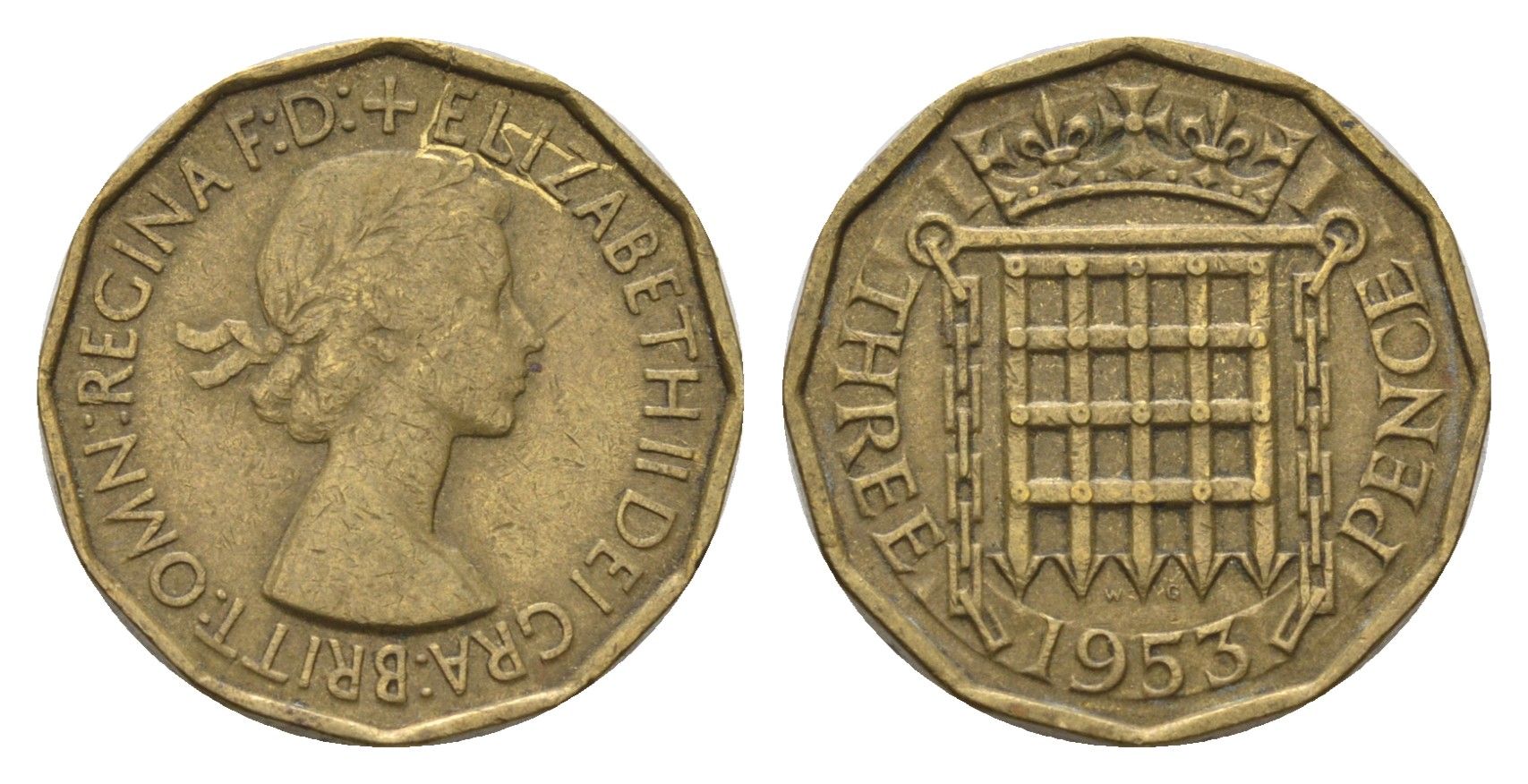 Великобритания 3 пенса 1953 Елизавета II (1952-2022) KM 886, Spink 4152 никель латунь 4707-217