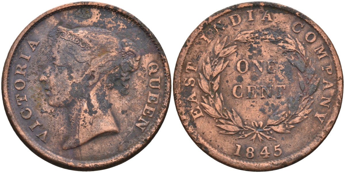 Стрейтс-Сетлментс 1 цент 1845 Виктория (1837-1901), Ост-Индская компания KM 3 медь 4590-222