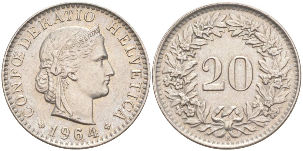 Швейцария 20 раппенов 1964 B KM 29a медно-никель 55-834