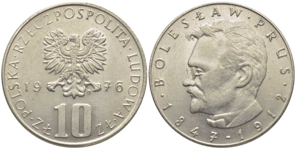 ПОЛЬША 10 ЗЛОТЫХ 1976 MW, БОЛЕСЛАВ ПРУС KM 73 медно-никель 113-421