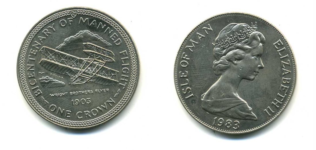 ОСТРОВ МЭН 1 КРОНА 1983 СЕРИЯ 200 ЛЕТ ПИЛОТИРУЕМОМУ ПОЛЕТУ, БИПЛАН БРАТЬЕВ РАЙТ КМ 104 медно-никель UNC 00-00