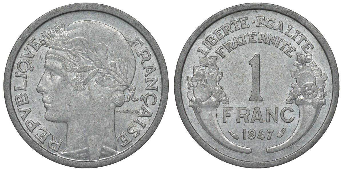 Франция 1 франк 1947 тип Morlon KM 885а.1, Le Franc 221.11 алюминий 4128-322