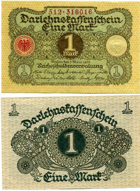 ГЕРМАНИЯ 1 МАРКА 1920 1 МАРТА 1920, ВЕЙМАРСКАЯ РЕСПУБЛИКА Pick 58 бумага аUNC 7548-51-2