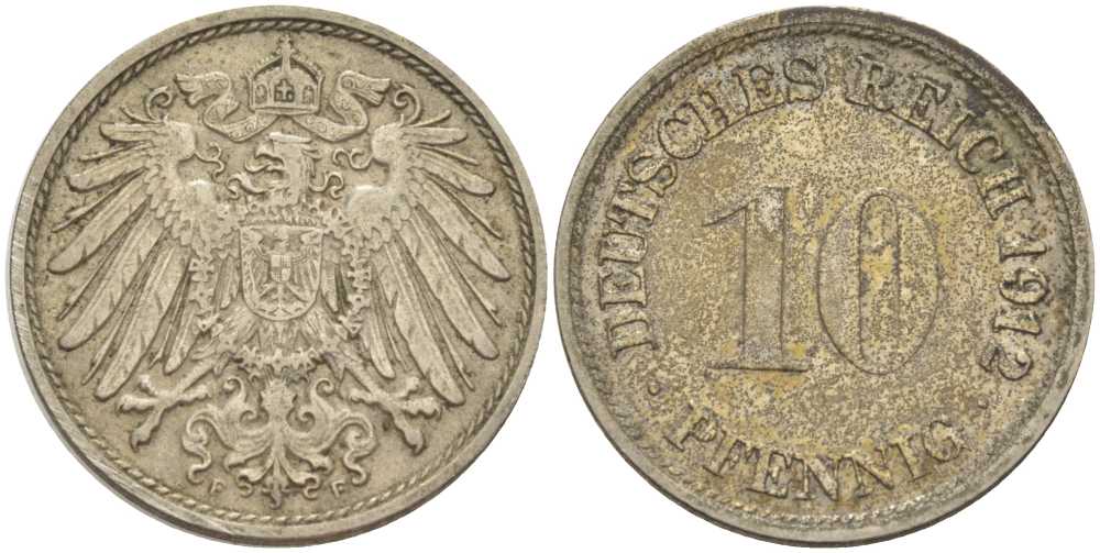 ГЕРМАНИЯ 10 ПФЕННИГОВ 1912 F KM 12, J. 13, Weege 8 медно-никель 212-216