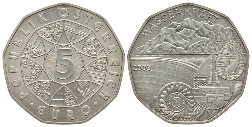 Австрия 5 евро 2003 плотина ГЭС KM 3105 серебро UNC 413-613