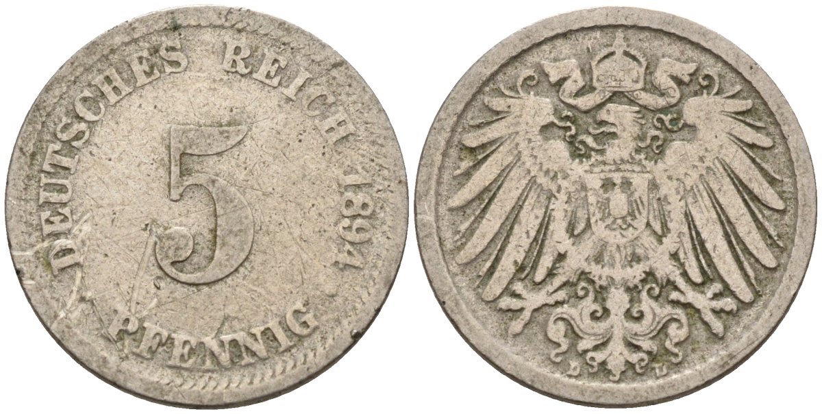Германия 5 пфеннигов 1894 D KM 11, J. 12 медно-никель 4151-369