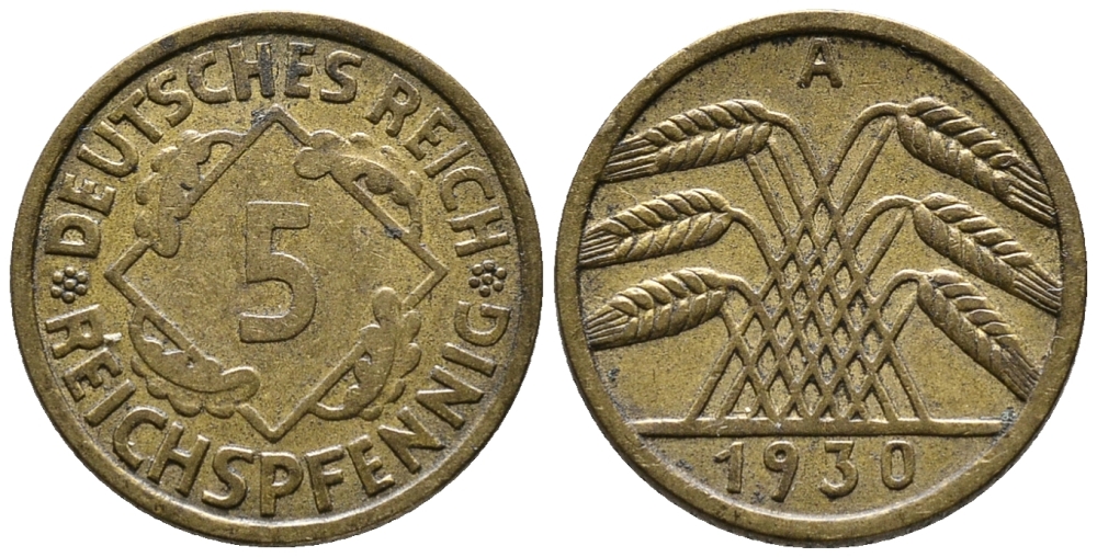 ГЕРМАНИЯ 5 РЕЙХСПФЕННИГОВ 1930 A KM 39, J. 316 алюминиевая бронза 39-565