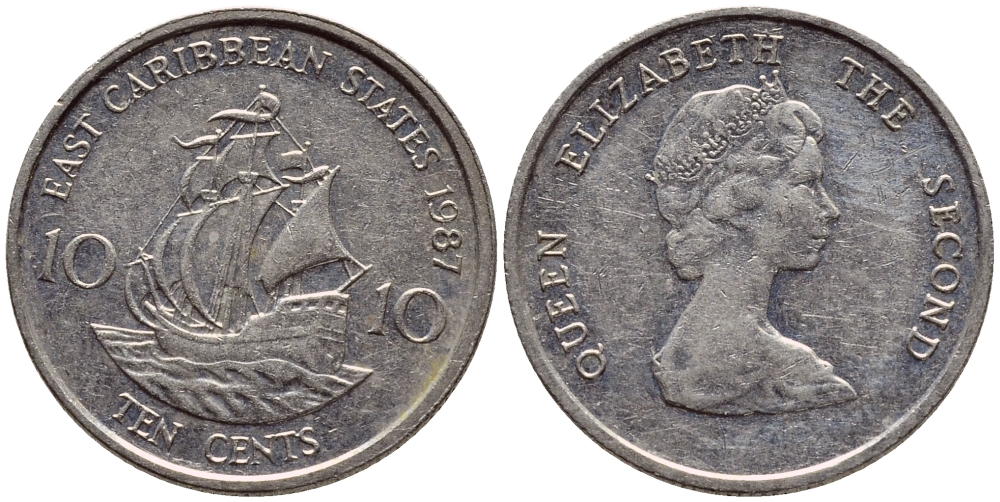 Восточно-Карибские штаты 10 центов 1987 Елизавета II (1952-2022), парусник KM 13 медно-никель 4396-615