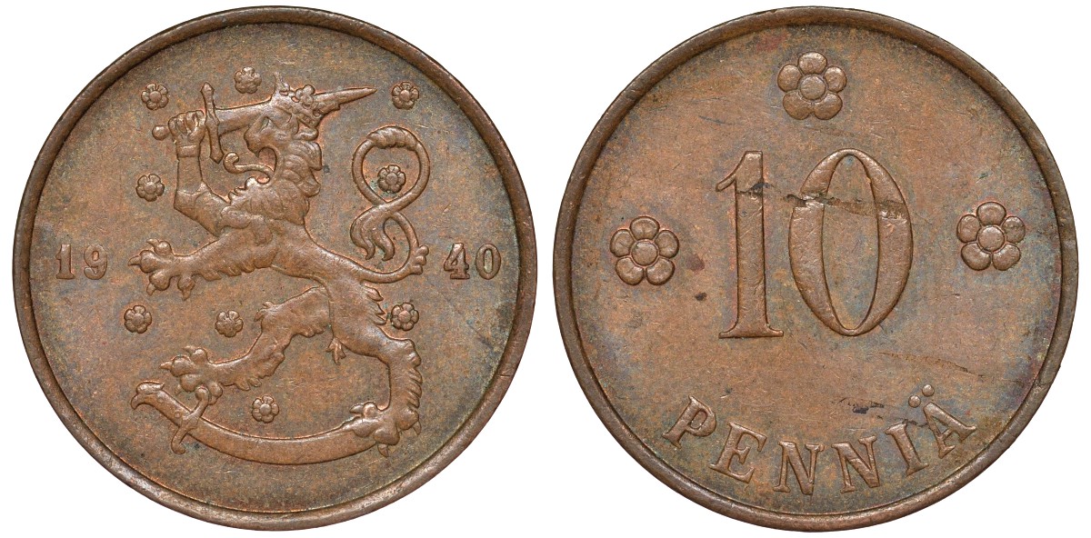 Финляндия 10 пенни 1940 республика (1918-1962) KM 24 медь 51-3257