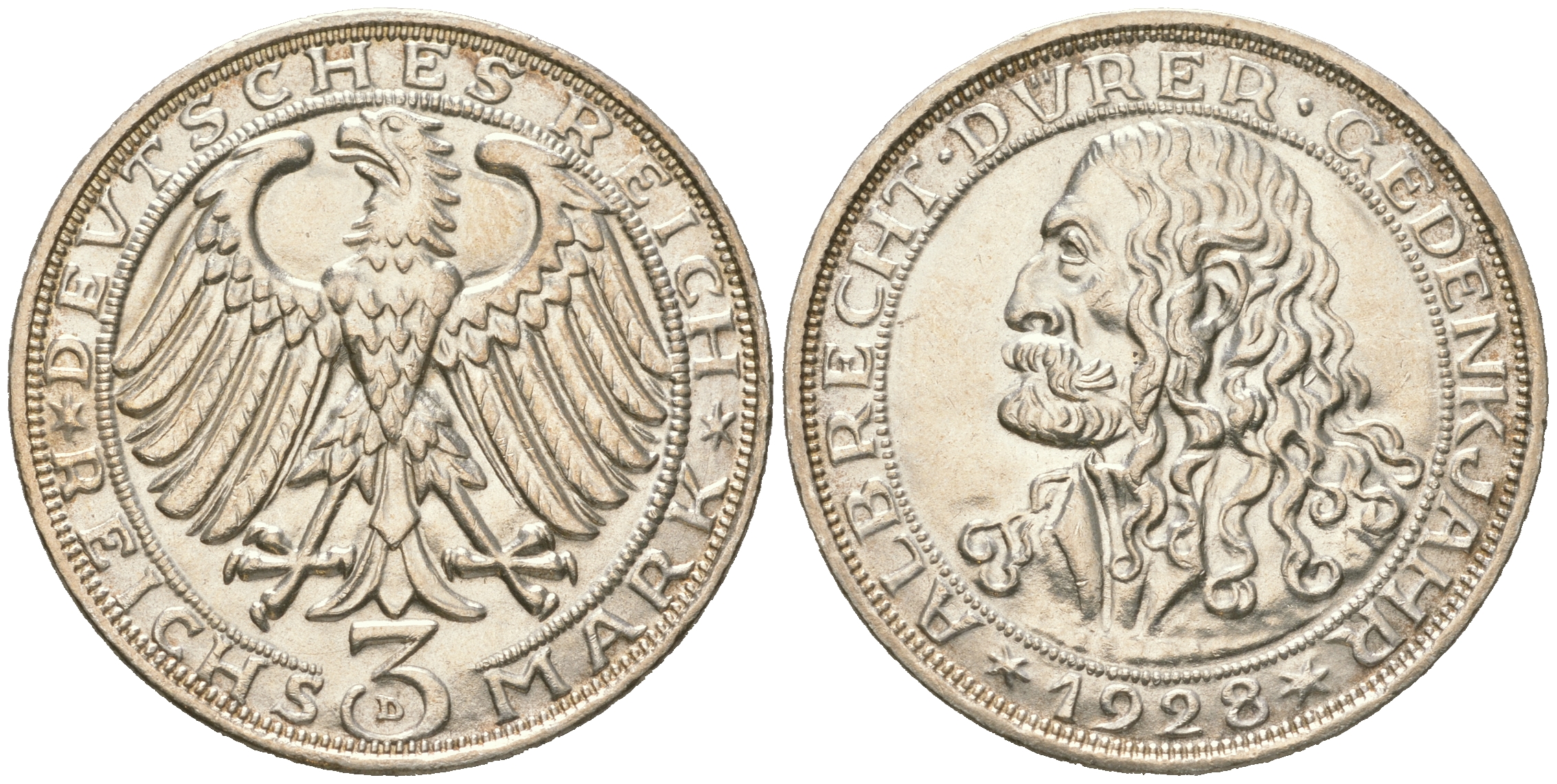 Германия 3 марки 1928 D, 400 лет со дня смерти Альбрехта Дюрера J. 332, KM 58 серебро  aUNC  00-00