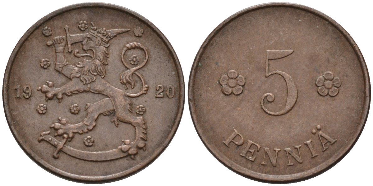 Финляндия 5 пенни 1920 KM 22 медь 96-323