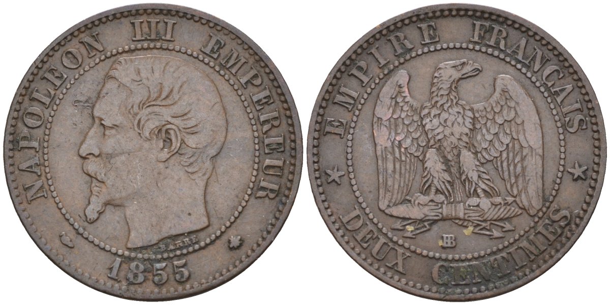 Франция 2 сантима 1855 ВВ, Наполеон III (1852-1870) KM 776.3, Le Franc 107.23 бронза 4584-154