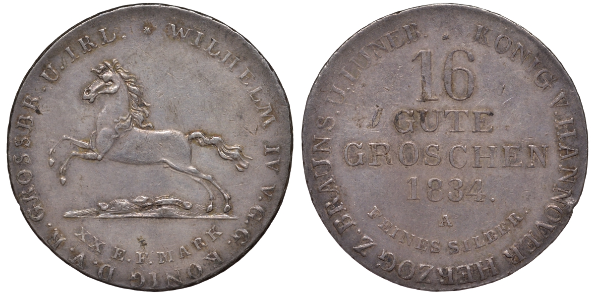Брауншвейг-Каленберг-Ганновер 16 гутергрошенов 1834 A, Вильгельм IV (1830-1837) J. 33, AKS 66, Kahnt 212 серебро    11-119-16