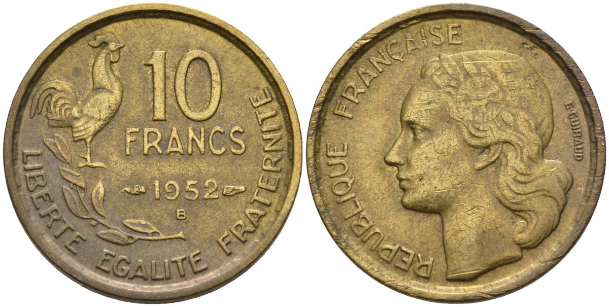 Франция 10 франков 1952 B, петух KM 915.2, Le Franc 363.5 алюминиевая бронза 4142-1243