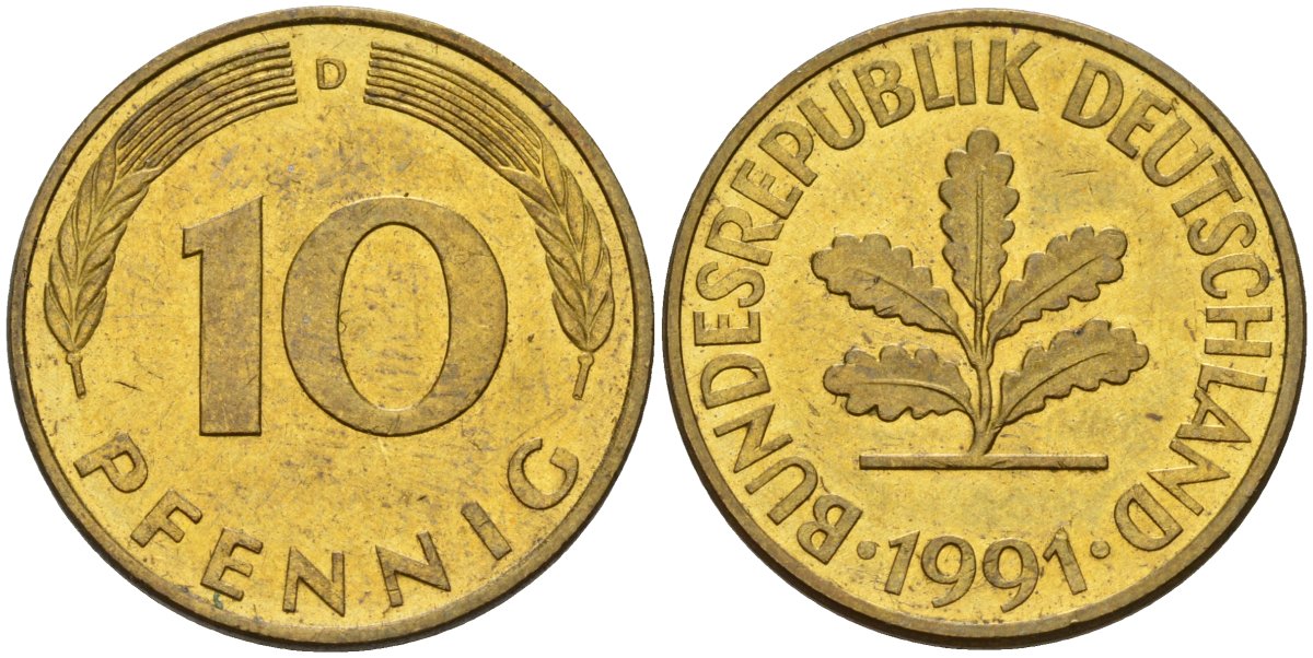 ФРГ 10 пфеннигов 1991 D KM 108, J. 383 сталь плакированная латунью 4175-1124