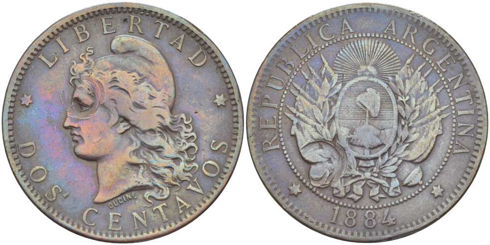 Аргентина 2 сентаво 1884 голова свободы влево KM 8 бронза 4512-726