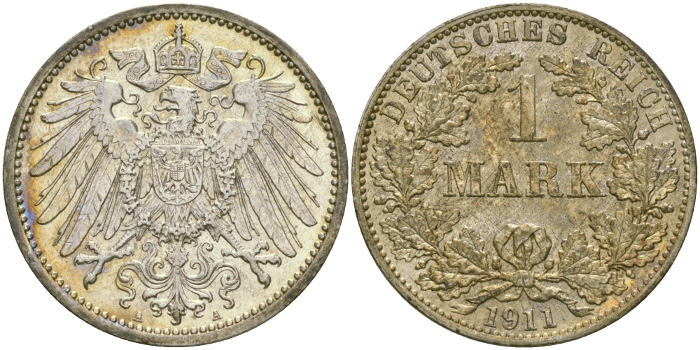 Германия 1 марка 1911 A Weege 18, J. 17, KM 14 серебро aUNC 65-235