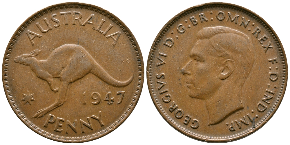 АВСТРАЛИЯ 1 ПЕННИ 1947 m, ГЕОРГ VI (1936-1952), КЕНГУРУ KM 36 бронза 74-213