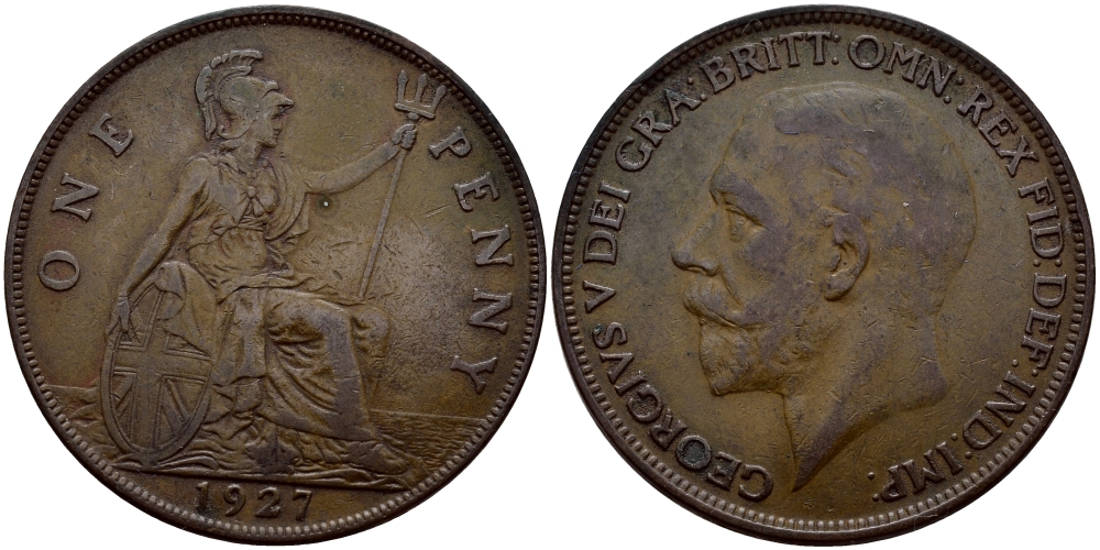 Великобритания 1 пенни 1927 Георг V (1910-1936) КМ 826, Spink 4054 бронза 3334-926