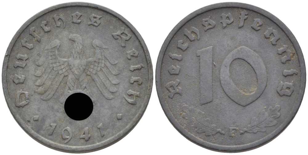 ГЕРМАНИЯ 10 РЕЙХСПФЕННИГОВ 1941 D KM 101, J. 371 цинк 4401-743
