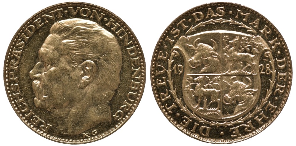 Германия медаль 1928 Гинденбург, вес 6,54 гр., медальер Карл Гетц Kienast-416 золото PROOF 00-000-00