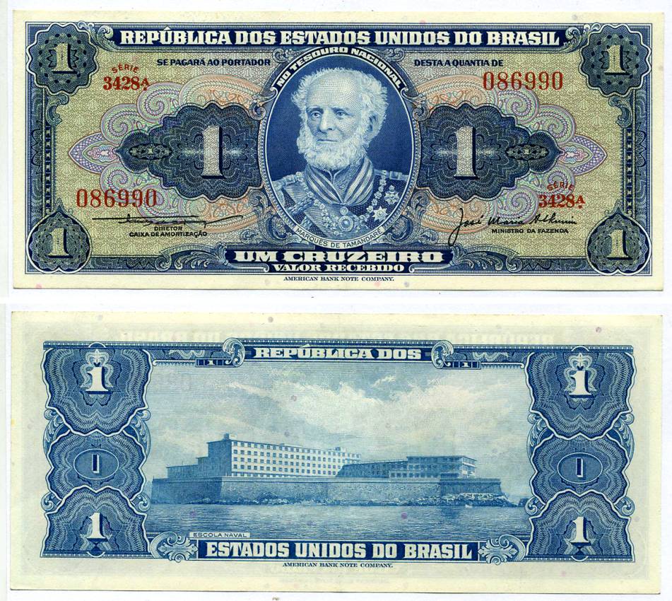 БРАЗИЛИЯ 1 КРУЗЕЙРО 1954-1958 СЕРИЯ 3428А, ПОДПИСЬ 5 Pick 150c бумага XF 7215-6-1-2