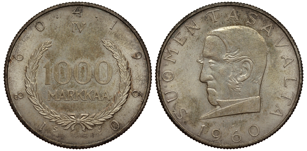 Финляндия 1000 марок 1960 S-J, 100 лет марочной системе Снеллмана (1860-1960) KM 43 серебро aUNC 1517-1513