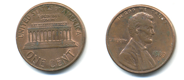 США 1 цент 1989 D, Линкольн KM 201b цинк плакированный медью 86-246