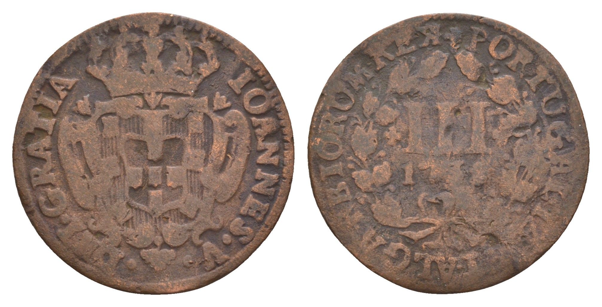 Португалия 3 реала 1737? Жуан V (1706-1750) KM 225 медь 413-2443