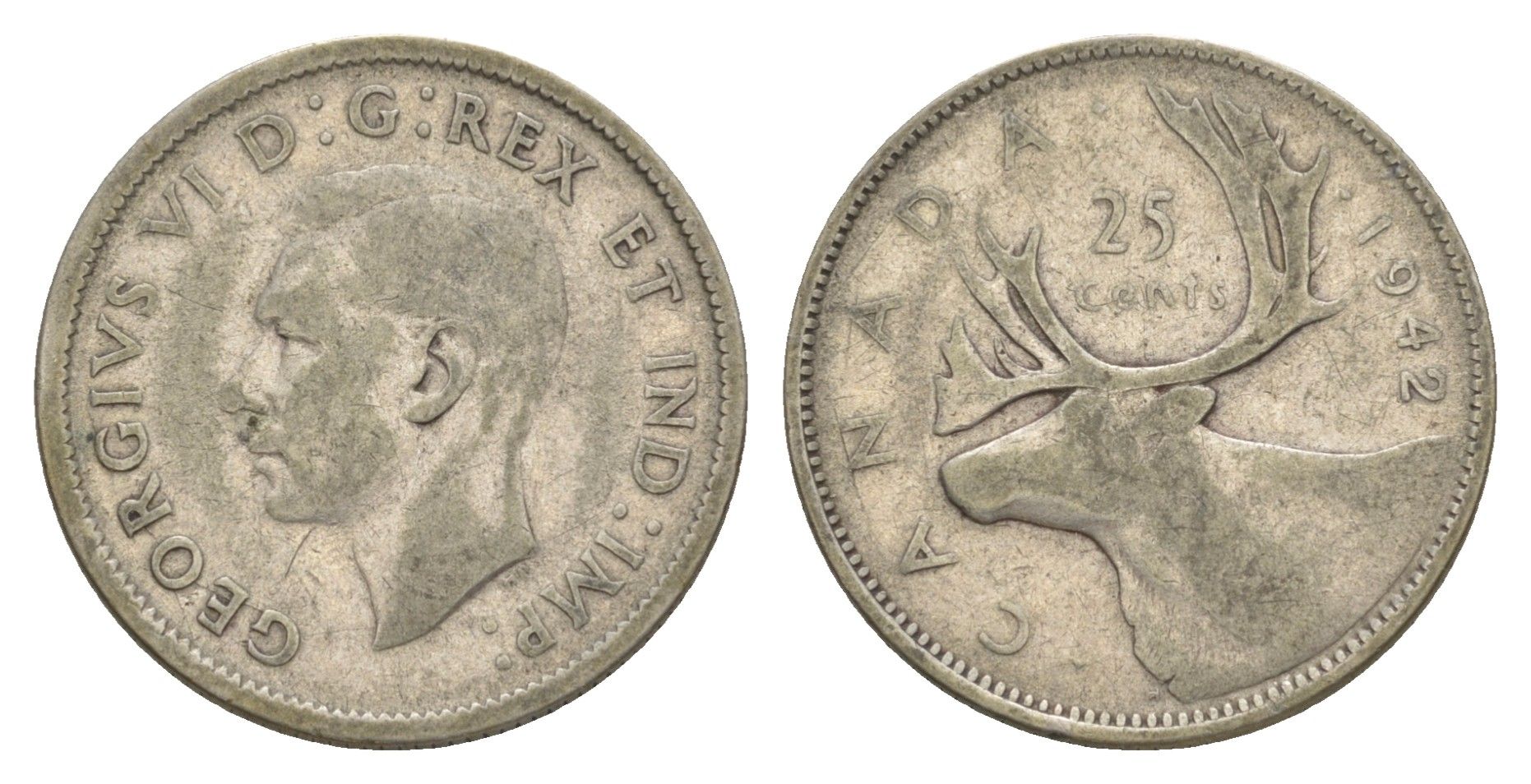 Канада 25 центов 1942 Георг V (1910-1936), олень KM 35 серебро 73-1244